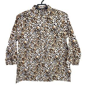 Womens Chicos Leopard Print No Iron Button Up Shirt Cotton 3/4 Sleeve Size 1
